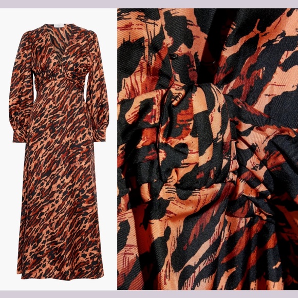 NWT‎ $595 Sandro [ 40 ] Faunie Pintucked Leopard Silk Maxi Dress In Wildcat - Picture 3 of 16